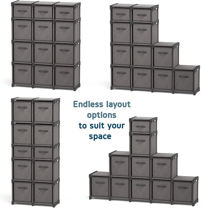 12 Cube Storage Organizer - Gray Cube Shelf Organizer, DIY Storage Cubes Organizer Shelves with Fabric Storage Cubes, Sturdy Cubbies Storage Shelves, Cube Storage Shelf for Bedroom, Playroom and More