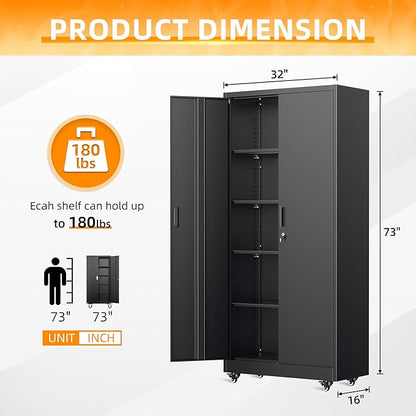 Bonusall Garage Cabinets with Wheels, 73" H Metal Locking Cabinet with 2 Doors and 4 Shelves, Storage Cabinet on Wheels for Home Office,Warehous, School(Black