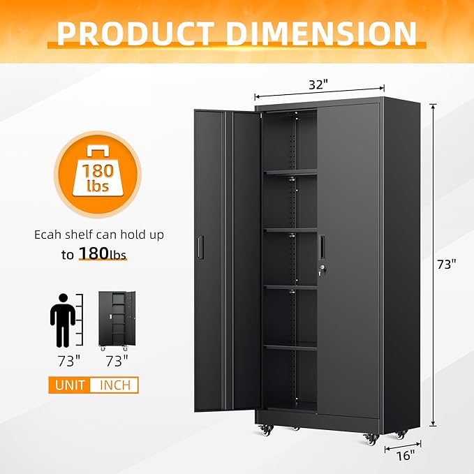 INTERGREAT Metal Storage Cabinet with Wheels, 73" Rolling Storage Cabinets with Door and 4 Shelves, Tall Storage Cabinets Locker on Caster for Home, Office(Black)