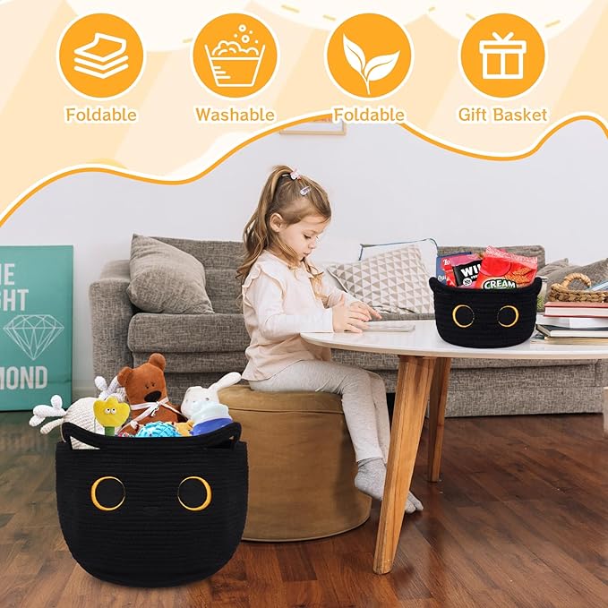 Storage Baskets for Organizing, Black Cat Cotton Rope Baskets Set Woven Blasket for Nursery, Blanket Basket Organizer Toy Basket for Gifts Cat Dog Bin Toys - Pack of 2