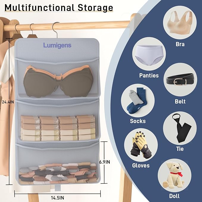 2 pack Hanging Closet Organizer with Pockets, Sock & Underwear Organizer, Bra Organizer for Closet Storage with 360° Rotating Hook, Space Saving Hanging Storage for Closet, Bedroom, RV
