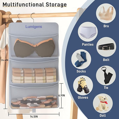 2 pack Hanging Closet Organizer with Pockets, Sock & Underwear Organizer, Bra Organizer for Closet Storage with 360° Rotating Hook, Space Saving Hanging Storage for Closet, Bedroom, RV