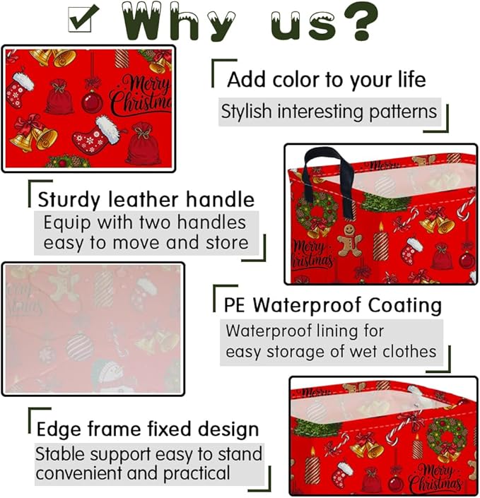 Rectangular Christmas tree Basket,Nursery Hamper,Waterproof and foldable Tree Basket Baby Storage Bin,Boy and Girls New Year decor(Red Christmas)