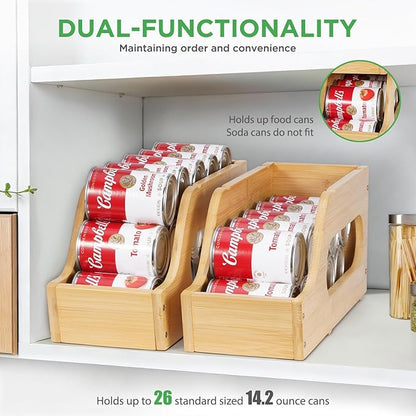 2 Pack Bamboo Can Organizer for Pantry, Soup Can Dispenser Rack Drink Holders Stackable Canned Foods can Storage for Pantry Kitchen Cabinet Up To 26 Cans