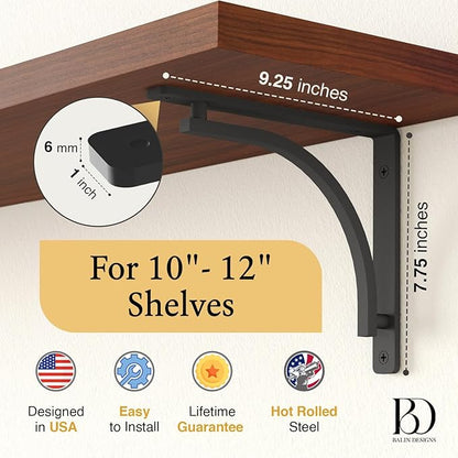 Classic Black Heavy Duty Shelf Brackets 10 inch by Balin Designs – L Bracket, Wall Mounted Support, Shelving Metal Bracket, Decorative Shelf Brackets, with Hardware Included, Set of 4