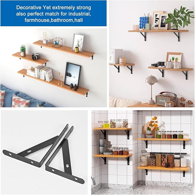 10 Pack - 6 Inch Heavy Duty Shelf Brackets, Wall Mount L Shelf Bracket, 90 Degree Black Metal Brackets for Floating Shelves with Screws, Powder-Coated Steel(3.7 x 6 inch)
