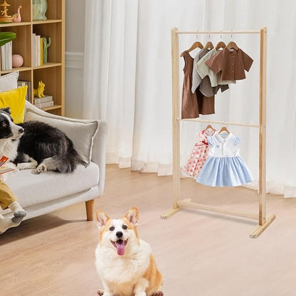 2-Tier Solid Wood Pet Clothing Display Stand, 43.3" Height Natural Log Color Garment Rack for Small Dog Cat Clothes, Adjustable Rod for Towels, Boutique Store & Home Storage Organizer