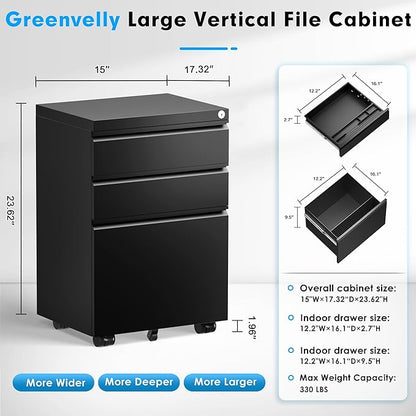 Greenvelly 3-Drawer Mobile File Cabinet with Locking Drawers & Wheels, No Assembly Required Black Rolling Metal Filing Cabinet for Home Office, Lockable File Organizer Under Desk or Letter/Legal Files