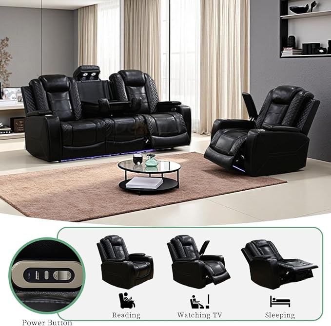 Recliner Power Sofa Set, Living Room Furniture Sets, Black Breathing Leather Reclining Sofa and Chair with Drop-down Table/Cup Holder/LED Light/USB Port Living Room Sofa Set for RV Car, Office