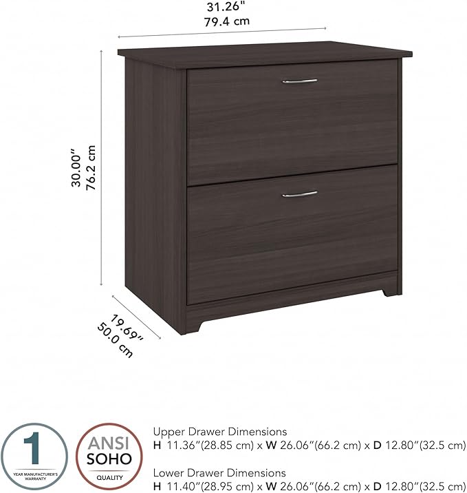 Bush Home Cabot 2 Drawer Lateral File Cabinet in Heather Gray, Home Office Chest for Letter, Legal, and A4-size Document Storage