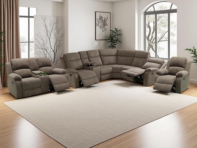 Living Room Furniture Sets, Corduroy Sectional Couch, 5PCS Brown Manual Reclining Sectional Sofa Set and Loveseat Chair with 5 Recliner Seats,Drop-Down Table,Cup Holders,Storage Console
