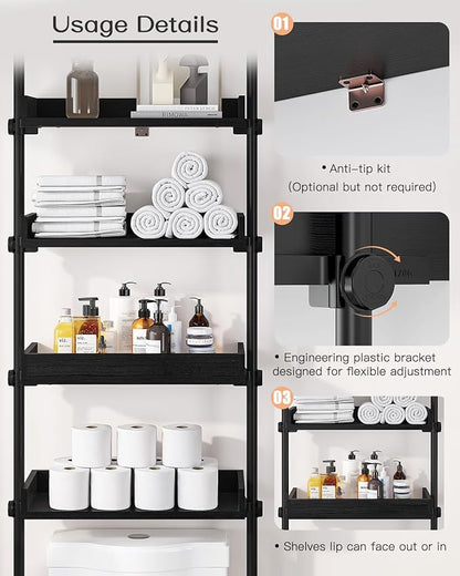 ALLZONE 4 Tier Over The Toilet Storage, Adjustable Wood Over Toilet Bathroom Organizer, Freestanding Shelves, Fit Most Showers Over The Toilet Shelf, 92 to 116 Inch Tall, Black