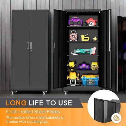 Bonusall 73" Metal Garage Storage Cabinet,Heavy-Duty Rolling Storage Cabinet with Wheels,Assembly Required,Locking Steel Cabinets for Home Office,Warehouse or Workshop-Black