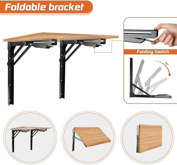 Ultrawall 24 inch Black Sturdy Folding Shelf Brackets, Heavy Duty Adjustable Steel Wall Mounted Collapsible Shelf Bracket, Max Load 550lb