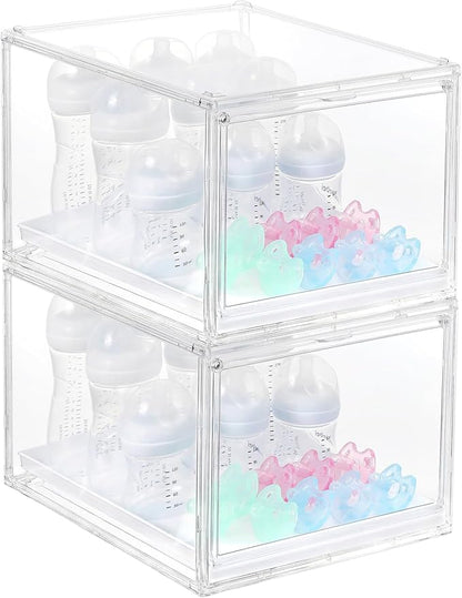 YESGIRL 2 Packs Clear Baby Bottle Organizer,Clear Stackable Acrylic Storage With Drawer for Countertop Cabine Storage Station Case Box Container for Nipples Pump Parts Food Jars