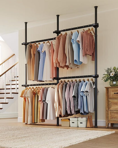 Floor to Ceiling Clothes Rack, Heavy-Duty Telescopic Garment Rack, 43–122in Height & 30–47in Width, 220lbs Total Load Capacity, 4-Pole, Black