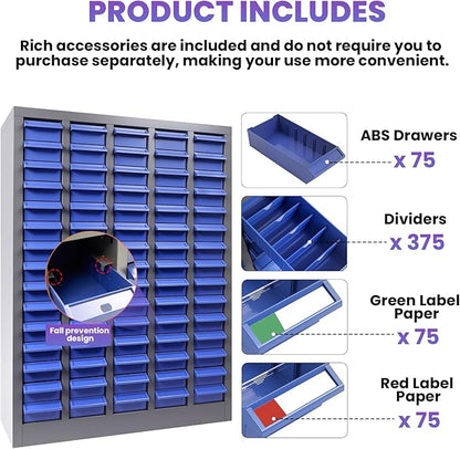 75 Drawers Nut and Bolt Organizer, Bolt and Nut Tool Storage Cabinet with Acrylic Adjustable Shelves & Label Stickers, Alloy Steel Parts Cabinet for Workshop Garage Organizer (36" H x 26" D x 9" W)