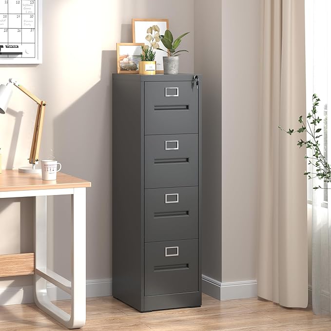 4 Drawer File Cabinet, Vertical File Cabinets with Lock for Home Office,Heavy Duty Office Steel Filing Cabinet for Hanging Letters/Legal/A4, Assembly Required (Black)