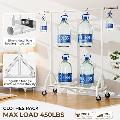 Heavy Duty Clothes Rack Load 450 LBS, Metal Garment Rack, Standing Rolling Clothing Rack for Hanging Clothes with Sturdy Wheels & Shelves, Portable Closet Wardrobe Rack,White