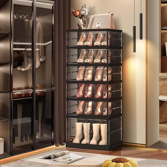 6-Tier Collapsible Shoe Storage Rack - Large Plastic Shoe Organizer with Doors, Quick Assembly, Black