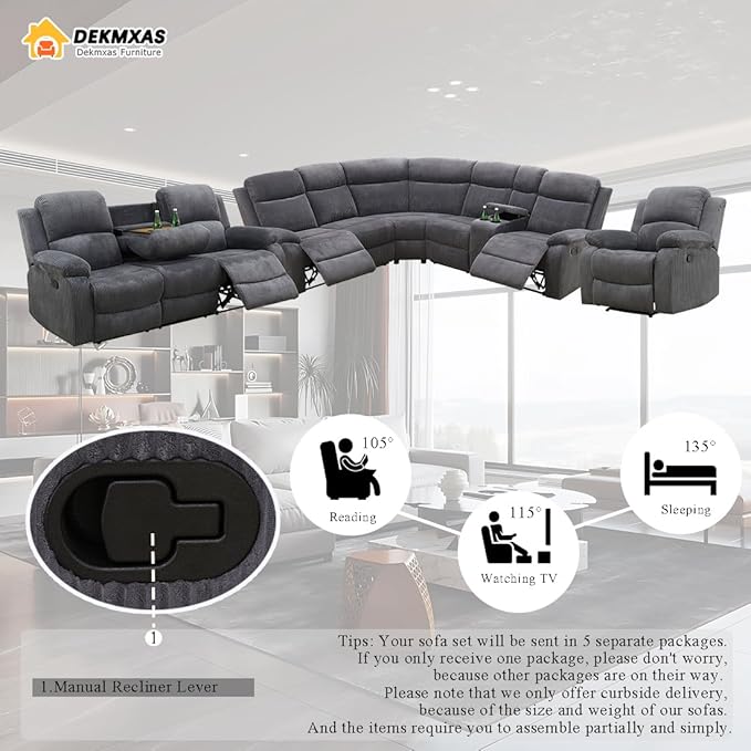 Reclining Sofa Couches with 5 Recliner Seats, 5 Pieces Living Room Furniture Sets, Dark Grey Corduroy Fabric Recliner Sectional Sofa Set with Drop-Down Table, Cup Holder,Storage Console