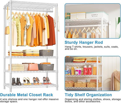 Ulif H4 Portable Closets, 4-Tier Metal Clothes Garment Rack for Bedroom and Cloakroom, Clothing Closet Storage and Organizer Wardrobe, 35.4" W x 14" D x 76.4" H, White