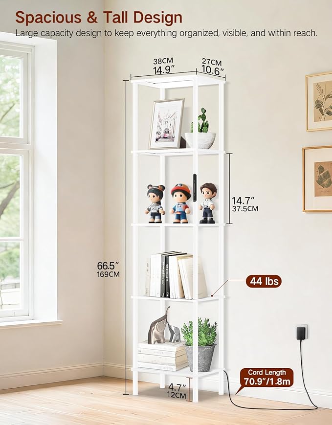 5 Tier Tall Display Shelves with LED Lights, Touch & Remote Control, Dimmable Display Cabinet, Open Bookshelf with 3 Color Temperature, Timer for Living Room, Bedroom, Home Decor(White)