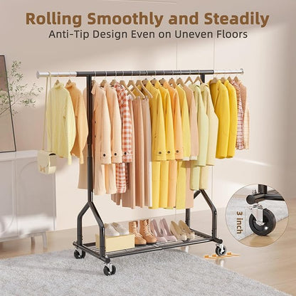 EAGMAK Heavy Duty Clothes Rack Load 424 LBS, Rolling Clothing Rack With Shelves, Adjustable Metal Clothes Hanger with Wheels, Portable Wardrobe Organizer Garment Rod for Hanging Clothes (Black)