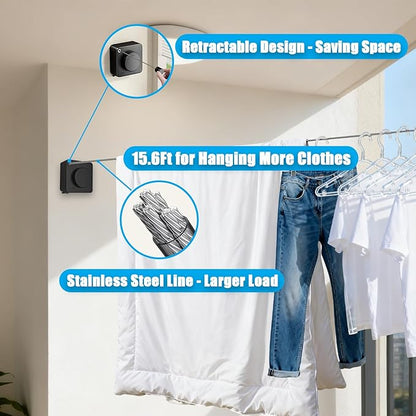 Retractable Clothesline, Non-Sagging Wall Mounted Laundry Line, Space-Saving Stainless Steel Clothes Line, Heavy Duty Drying Rack 15.6 Ft for Apartment, Dorms, RV & Travel (Black)