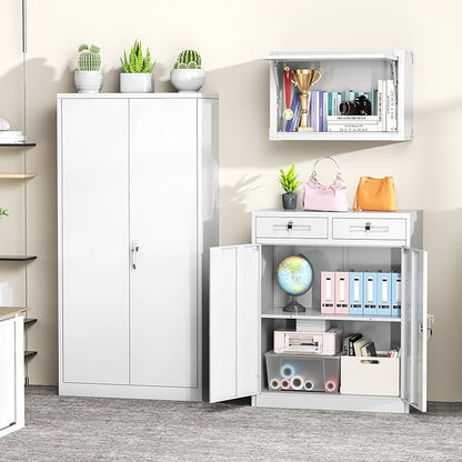 Greenvelly Metal Storage Cabinet, 42' White Steel Garage Cabinet with 2 Doors, Adjustable Shelves, Locking for Office, School or Tool Organization