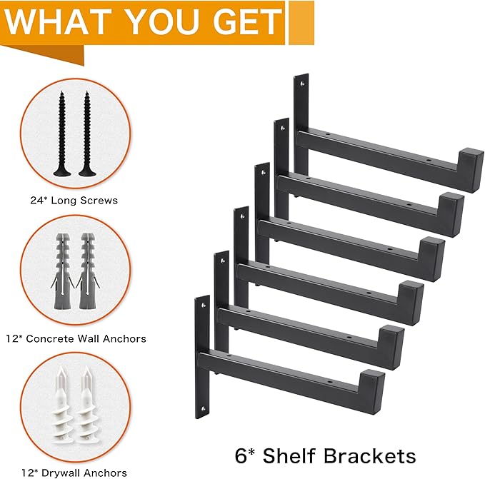 EZYDECOR 6 Pcs Heavy Duty Shelf Brackets 13 Inch Wall Mounted Industrial Metal Shelving Supports with Lip