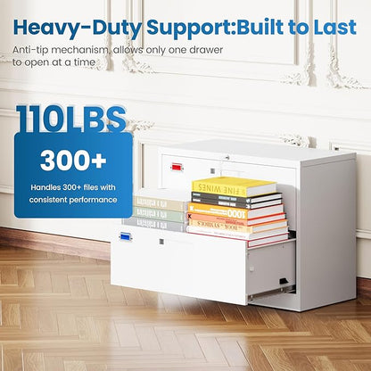 2 Drawer File Cabinet, Lateral Filing Cabinets for Home Office, Office Storage Drawers with Lock, Hanging Files Legal/Letter A4 Size (Assemble Required,White)