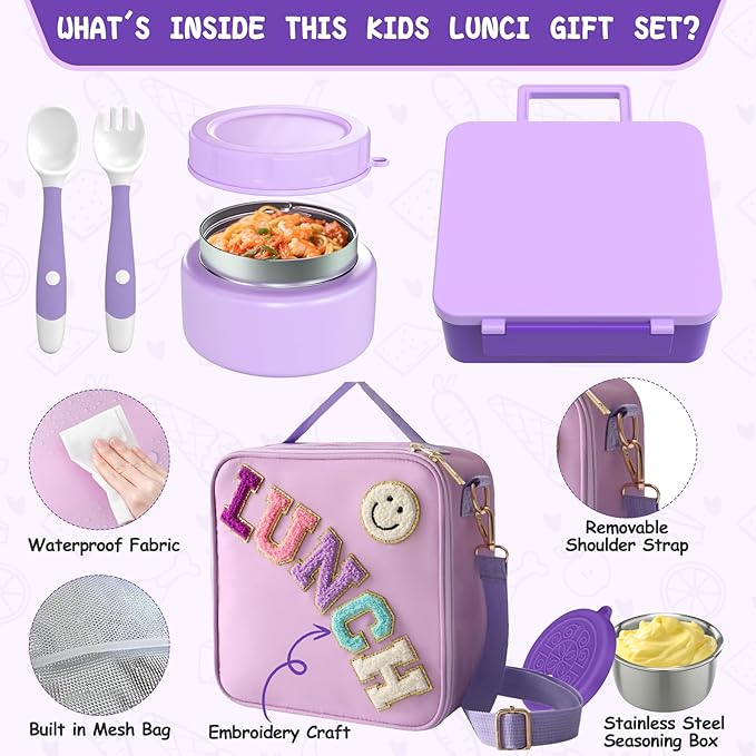 Kids Bento Lunch Box with 8oz Soup Thermo, Kids Leakproof Lunch Food Containers with 4 Compartment,Insulated Hot Food Jar with Lunch Bag for School, Travel (Purple)
