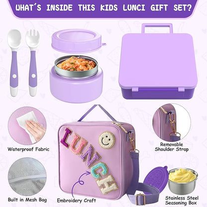 Kids Bento Lunch Box with 8oz Soup Thermo, Kids Leakproof Lunch Food Containers with 4 Compartment,Insulated Hot Food Jar with Lunch Bag for School, Travel (Purple)