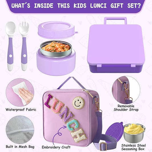 Kids Bento Lunch Box with 8oz Soup Thermo, Kids Leakproof Lunch Food Containers with 4 Compartment,Insulated Hot Food Jar with Lunch Bag for School, Travel (Purple)