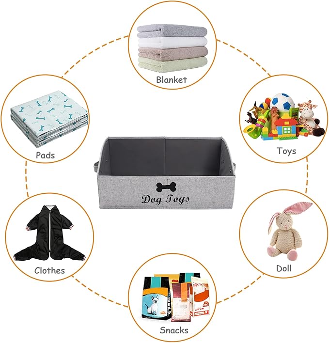 Geyecete dog toy basket Large dog toy bin dog toy box storage box - Foldable Fabric Trapezoid Organizer Boxes with Handle, Collapsible Basket for Dog Toys (Striped Gray-DOG)