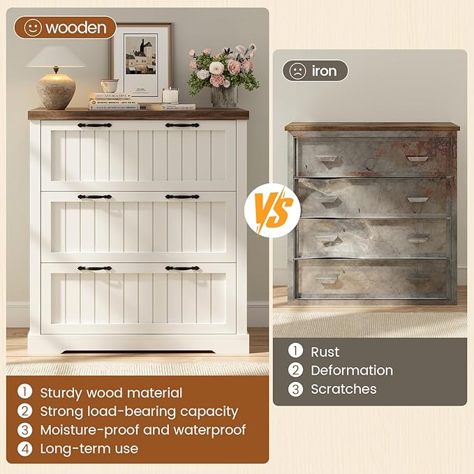 SEDETA 3 Drawer File Cabinet, Farmhouse Filing Cabinet for Home Office, Wood Office File Cabinets for Letter/Legal/A4 Size, Lateral File Cabinets with Printer Stand for Study Room, Living Room, White