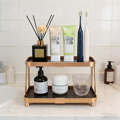 YUPER Bathroom Organizer Countertop, 2-Tier Perfume Organizer Makeup Organizer Cosmetics Storage Display Rack Vanity Tray Dresser Shelf Rust Resistant Aluminum Alloy Holder Decor