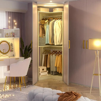 Armocity Corner Closet System, 32 Inches Wide Wood Corner Unit with 2 Hanging Rods and All Hardware Kits, 3-Tier 80'' Height Corner Wood Closet Tower, White Oak