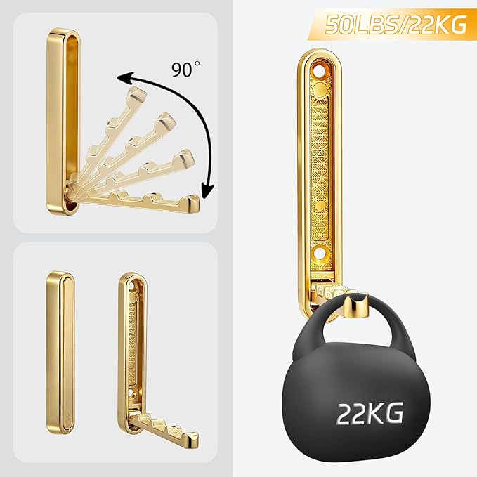 2 Pcs Extended Folding Coat Hooks Wall Mounted, 4.33 in Gold Foldable Wall Hooks Heavy Duty Valet RV Hooks Bathroom Towel Hooks Robe Hooks for Hanging Towels Clothes Coat Hat Bags