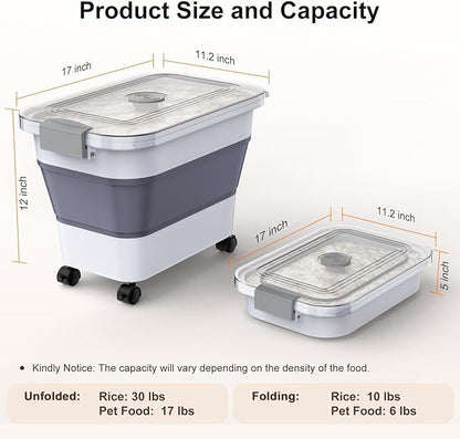 Rice Storage Container, Collapsible Airtight Food Storage Containers 20-30lbs with Clear Lid and Wheels, Rice Dispenser with Scoop for Flour Cereal Pasta Grain, Cat Pet Bird Dog Food Storage Container