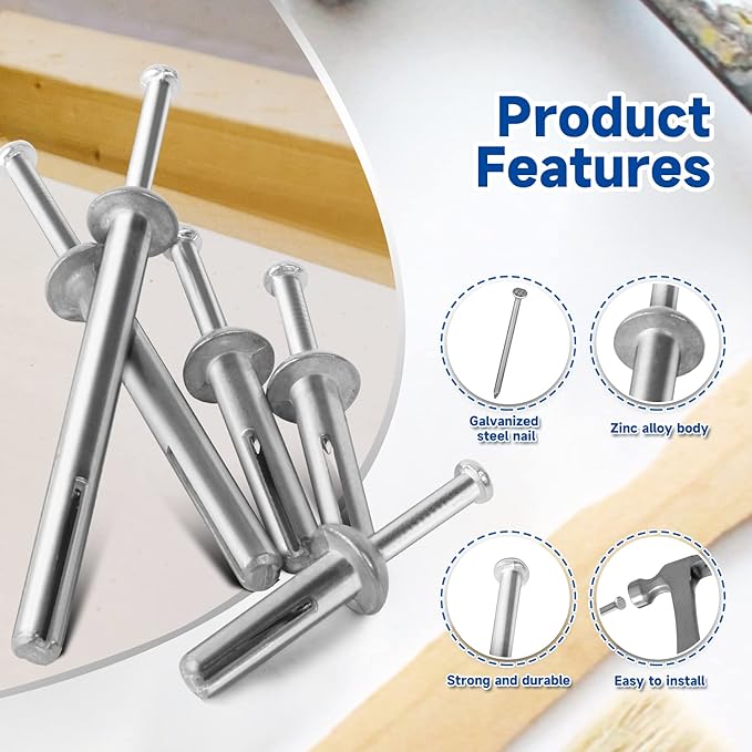 meite 1-1/2 Inch Concrete Anchors, Hammer Drive Nails in Anchors, Zinc Alloy Anchors and Galvanized Steel Nails Set - 1/4" Diameter Expansion Nails for Concrete Walls (10 Boxes)