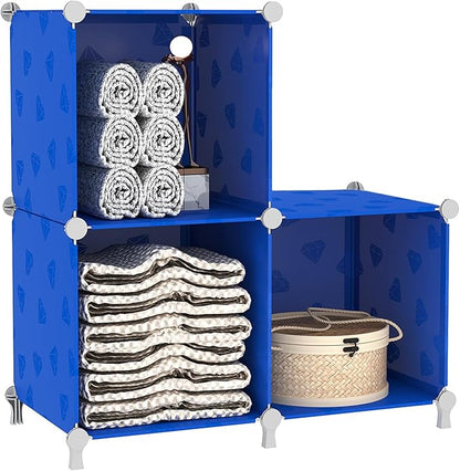 UNKU Cube Storage Organizer, 3 Cube Closet Organizer Storage Shelves, DIY Stackable Bookcase, Clothes Organizer Shelf for Closet, Bedroom, Living Room, Cabinet, Home, Office, Dark Blue