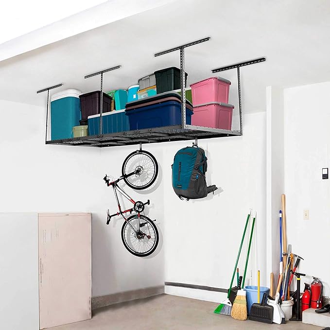 3ftx8ft Overhead Garage Storage Rack, Heavy-Duty Metal Garage Ceiling Storage Rack, 22''-40" Adjustable Ceiling Drop-Down, 600 lb. Loading Weight Capacity, Black