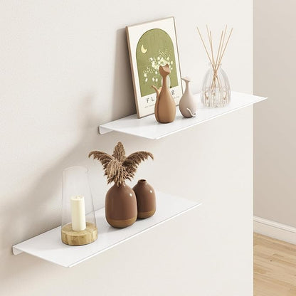 MKO 12" Floating Shelves for Wall, Small Metal Wall Mounted Shelf for Bathroom, Bedroom, Living Room, Kitchen, Little Hanging Shelves for Books/Storage/Room Decor 2 Packs, White