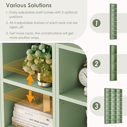 FOTOSOK 8-Tier Media Tower Rack, 11.6 X 9.3 X 70.9 Inches CD DVD Slim Storage Cabinet with Adjustable Shelves, Tall Narrow Bookcase Display Bookshelf for Home Office, Green