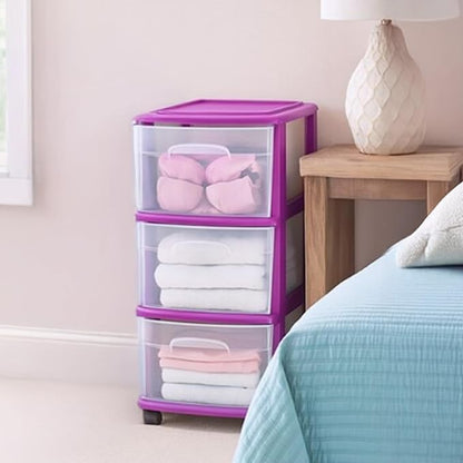 HOMZ Drawer Tower, 3-Tier Clear Plastic Storage Organizer Cart, Purple Frame - Rolling Drawer Containers with Wheels for Bathroom, Bedroom, Office, and Classroom Organization