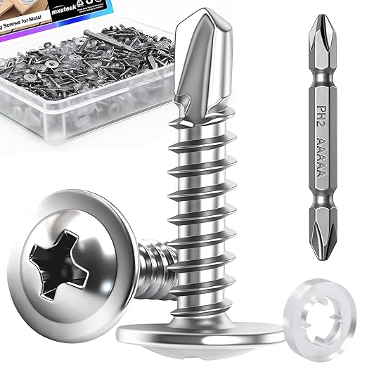 mxuteuk 420PCS #8×3/4" Self Tapping Screws,410 Stainless Steel Self Drilling Screws,Phillips Modified Truss Head Self Tapping Screw for Metal,Plastic,Wood(210pcs Silver Screw+210pcs Washer)