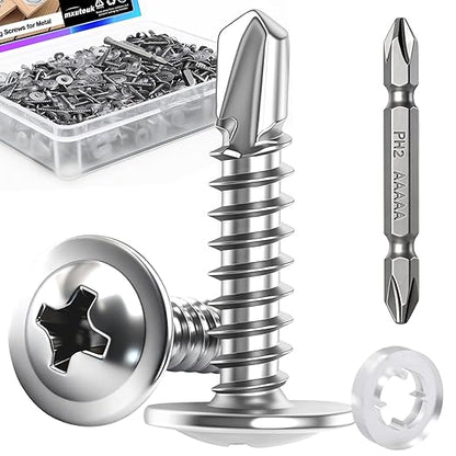 mxuteuk 420PCS #8×3/4" Self Tapping Screws,410 Stainless Steel Self Drilling Screws,Phillips Modified Truss Head Self Tapping Screw for Metal,Plastic,Wood(210pcs Silver Screw+210pcs Washer)