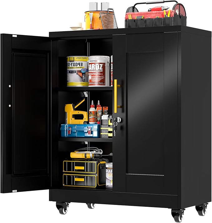 Metal Storage Cabinet with Lock and Wheels, Steel Tool Cabinet with 2 Door and 2 Adjustable Shelves, 35” Tall Lockable File Cabinet, Garage Cabinet, Rolling Cabinet for Home Office - Black